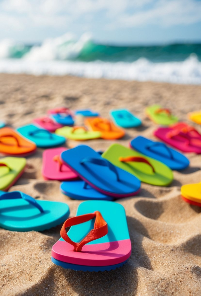 Colorful flip-flop shaped luggage tags scattered on sandy beach with ocean waves in background