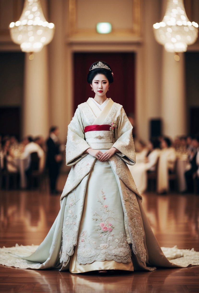 A princess stands in a grand ballroom wearing a detailed Japanese bridal dress, adorned with intricate embroidery and flowing layers of silk and lace