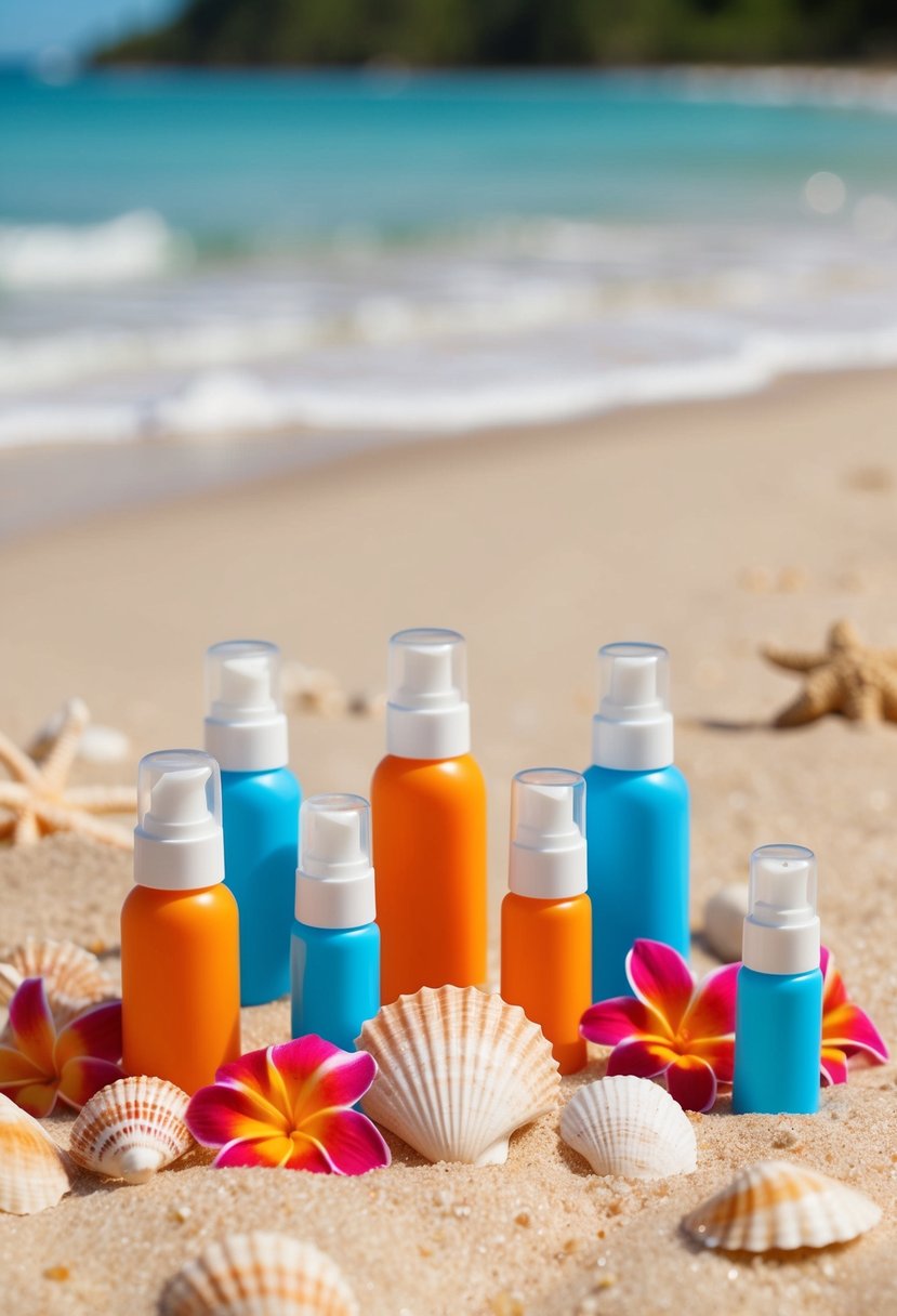 Miniature sunscreen bottles arranged on sandy beach with seashells and tropical flowers