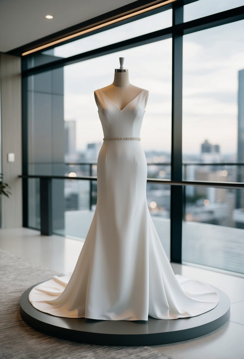 A modern, minimalistic Japanese wedding dress displayed on a mannequin in a sleek, contemporary setting