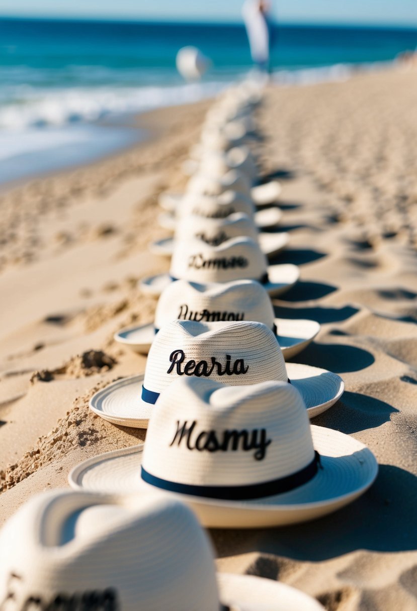 A sandy beach with rows of personalized beach hats lined up as wedding favors for a beach wedding