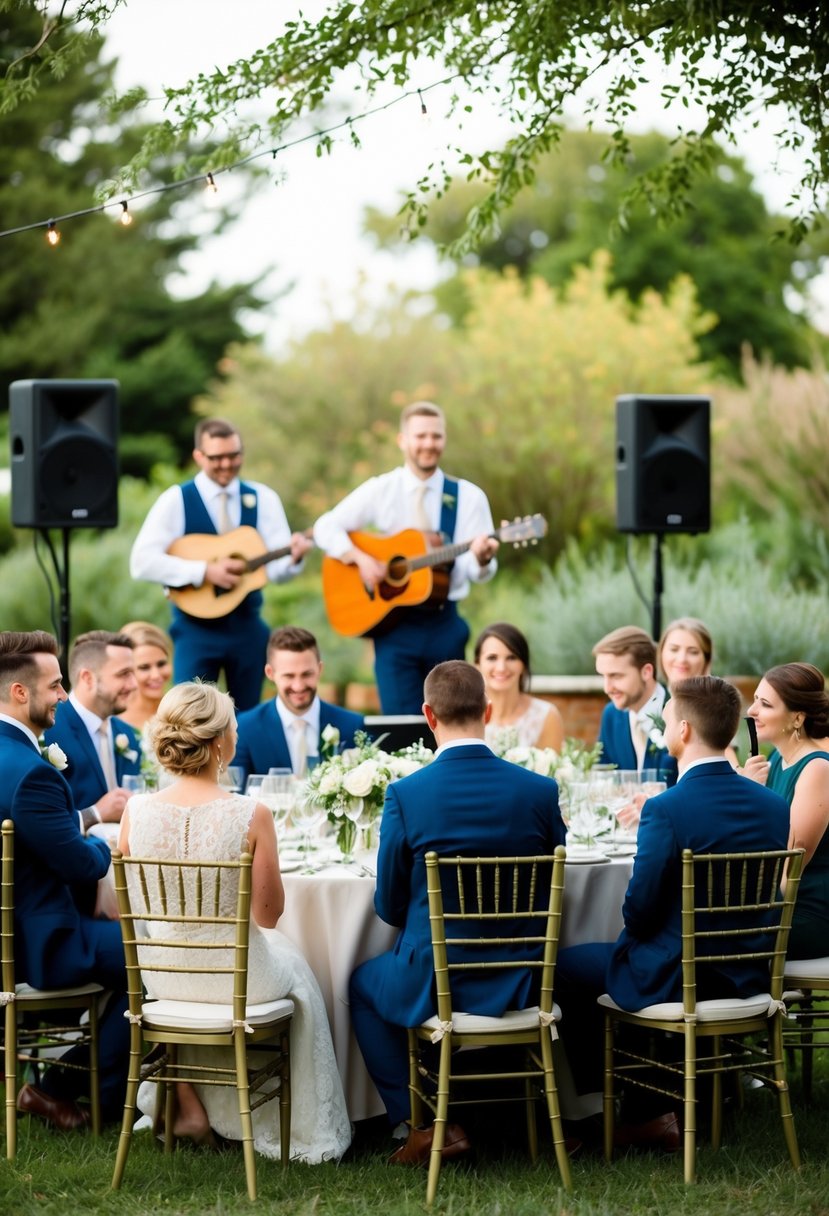 A cozy outdoor setting with a small wedding party seated at intimate tables, while a live acoustic musician plays in the background