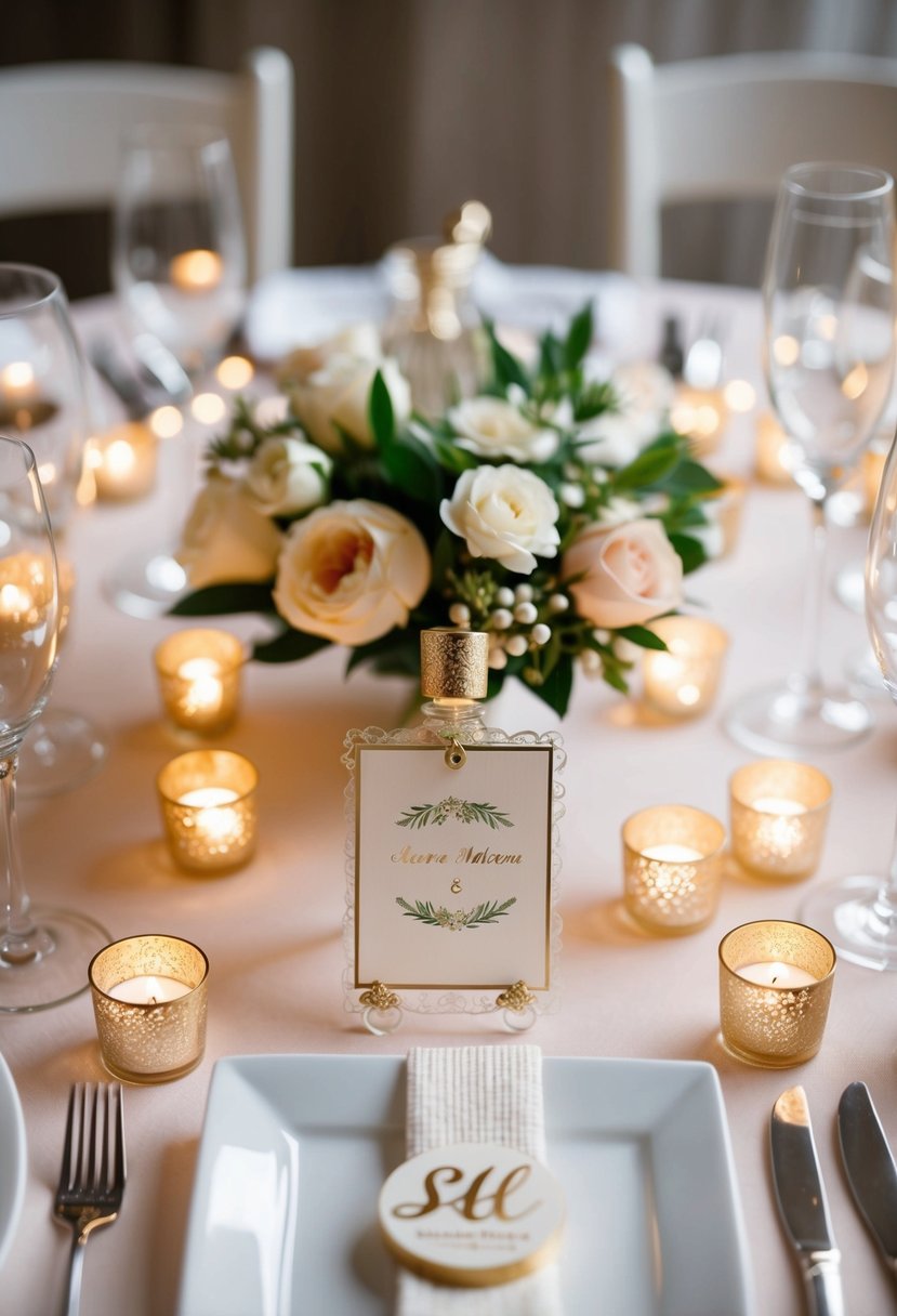 A table set with elegant, personalized wedding favors, surrounded by small floral arrangements and twinkling tea lights