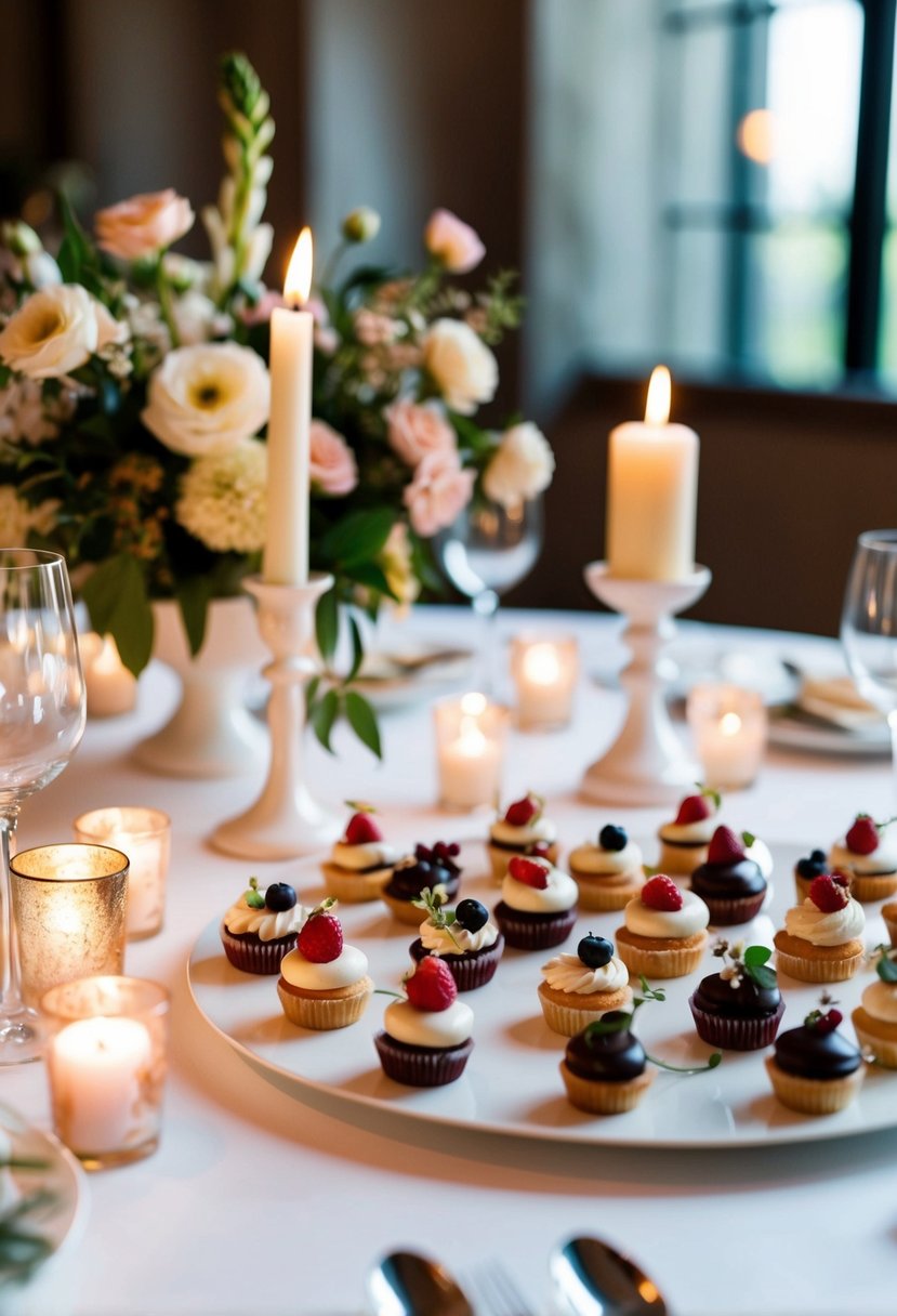 A table adorned with an assortment of elegant mini desserts, surrounded by delicate floral arrangements and flickering candlelight