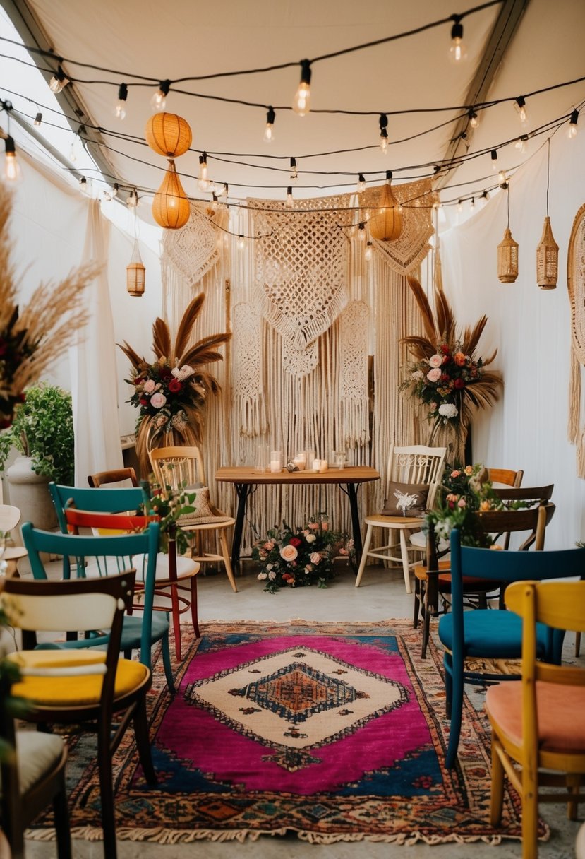 A small wedding venue adorned with vintage rugs, macrame backdrops, and eclectic mismatched chairs. A cozy, bohemian atmosphere with hanging lanterns and floral arrangements