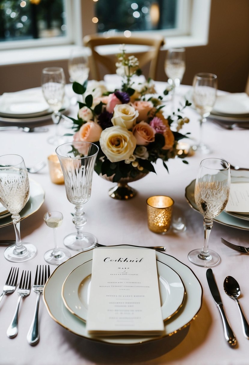 A table set with elegant cocktail-style dinner service for a small wedding, featuring sparkling glassware, chic flatware, and tasteful floral centerpieces