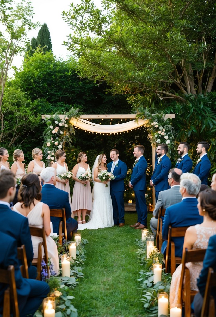 A cozy outdoor ceremony with a small group of guests, decorated with fairy lights and candles, surrounded by lush greenery and blooming flowers