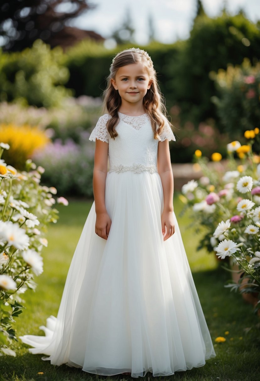 A young child, aged 7 or 8, wearing a white wedding dress with delicate lace and a flowing skirt, standing in a garden surrounded by flowers