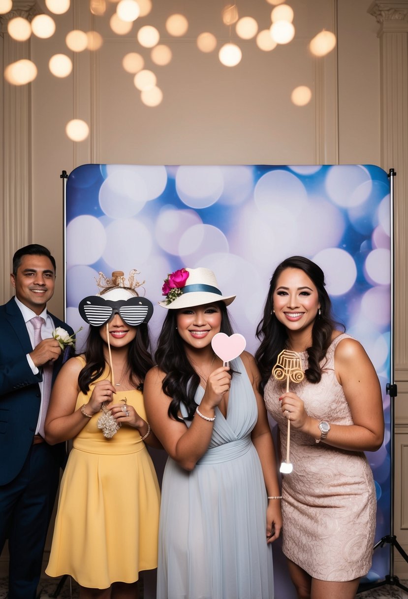 A photo booth with props and a backdrop at a small wedding reception