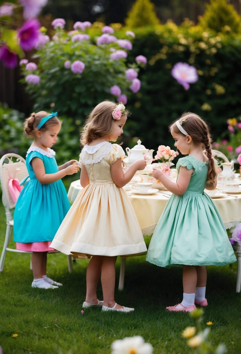 A garden setting with children playing dress-up in vintage tea-length dresses, surrounded by blooming flowers and a charming tea party setup