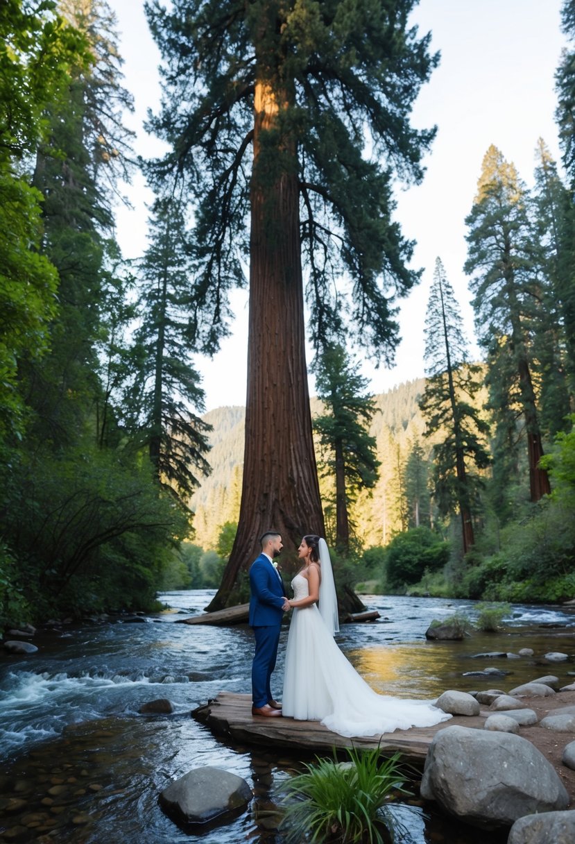 A couple stands beneath a towering redwood tree, surrounded by lush greenery and a flowing river, exchanging vows in a scenic national park