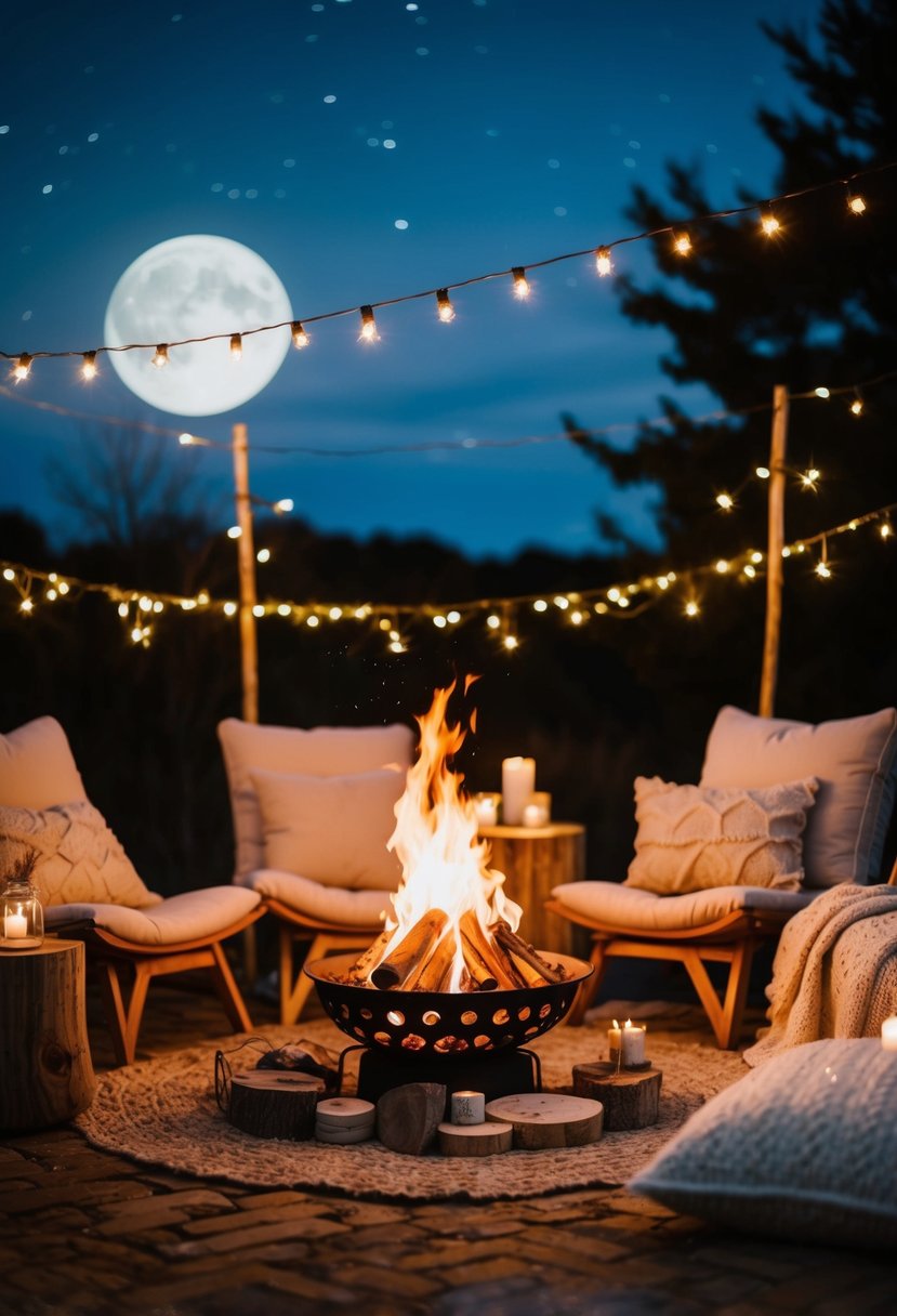 A small bonfire surrounded by fairy lights, cozy blankets, and rustic seating, set against a backdrop of twinkling stars and a moonlit sky