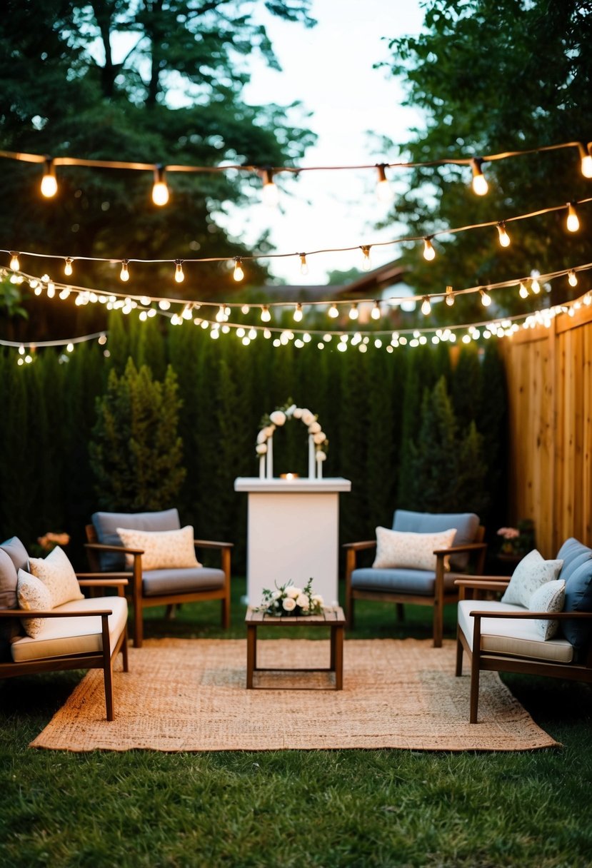 A backyard set with string lights, cozy seating, and a small altar for a micro wedding reception