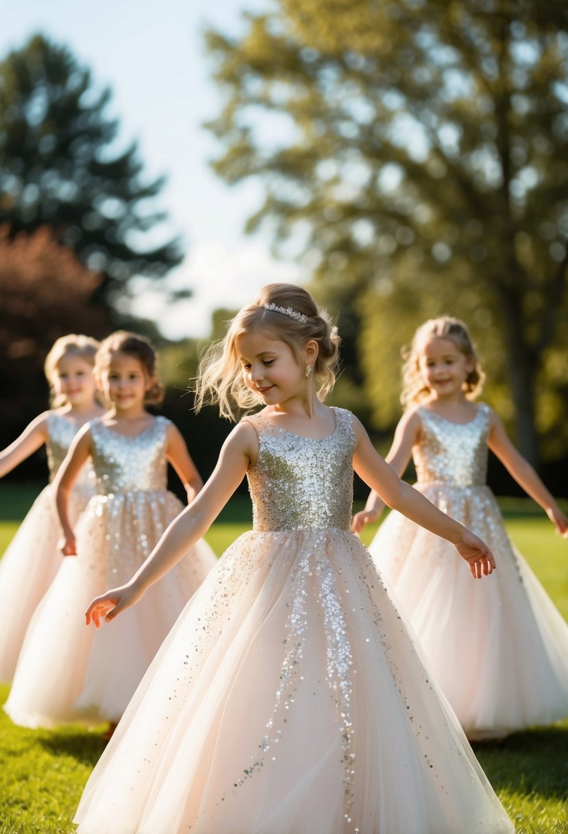 A group of kids aged 7 and 8 are twirling in sparkly sequin ballgown wedding dresses