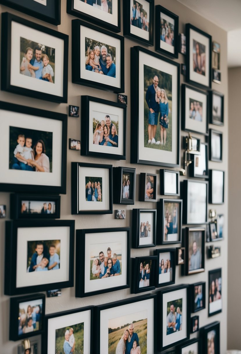 A wall adorned with various framed family photos, capturing generations of love and memories, creating a nostalgic and heartwarming ambiance