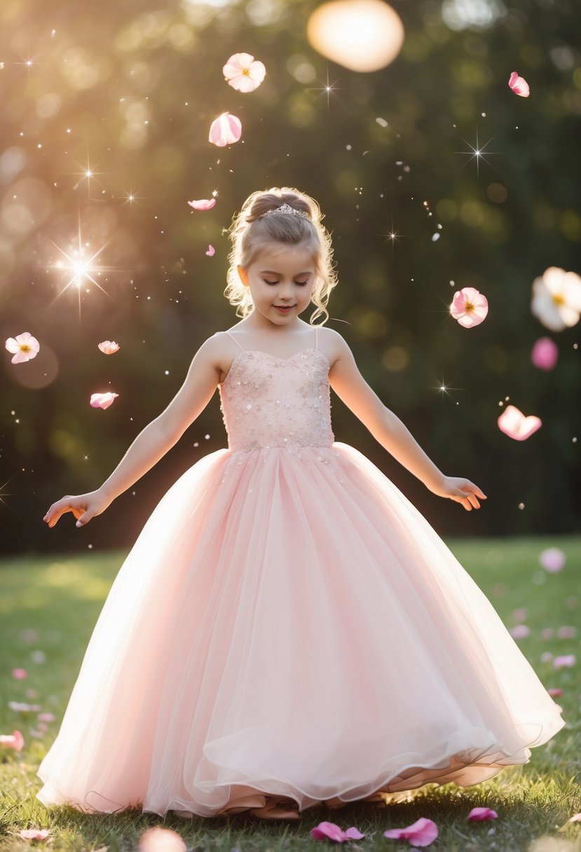 A young girl twirls in a blush pink ballgown, surrounded by flower petals and sparkles