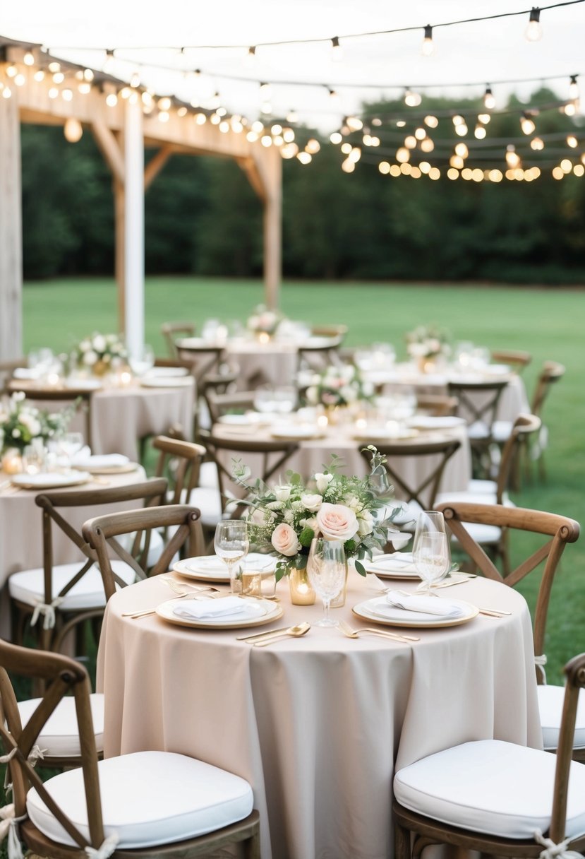 A cozy outdoor brunch wedding with bistro tables, floral centerpieces, and a canopy of string lights