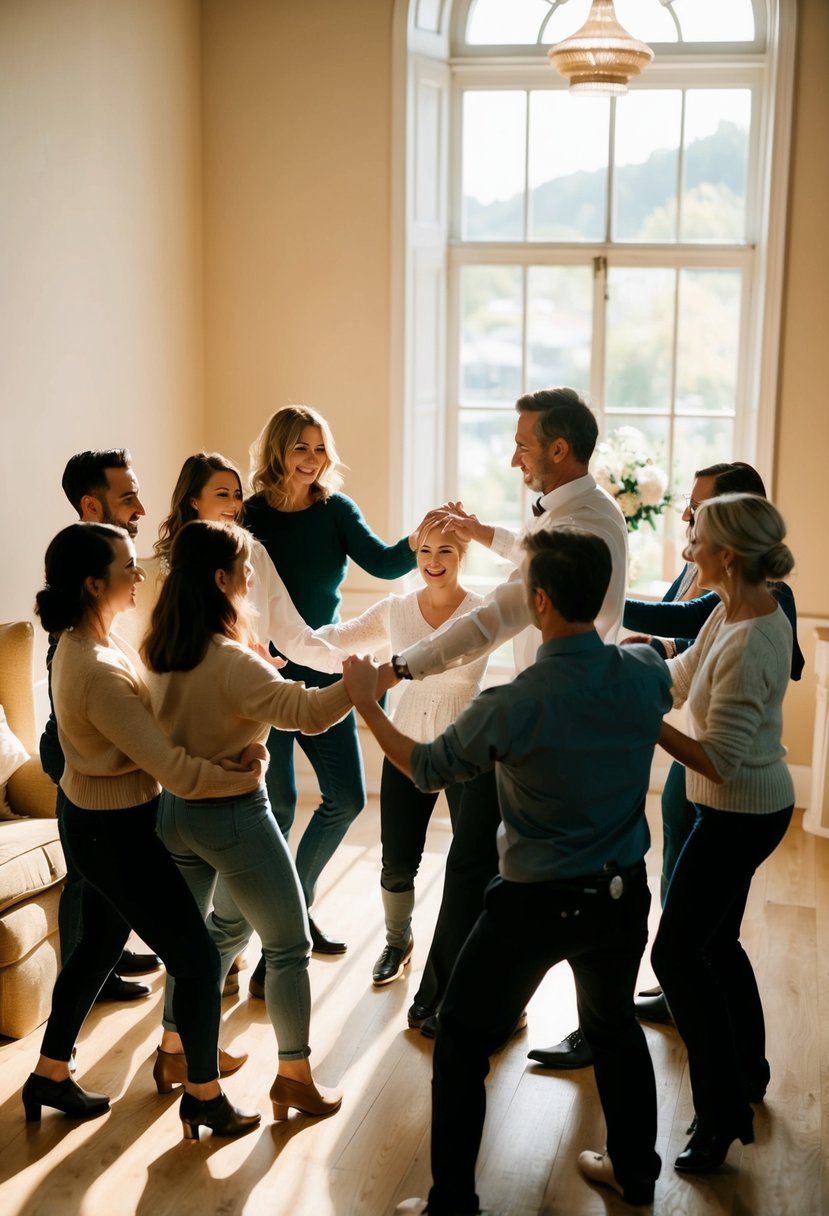 A small group of people gather in a cozy, sunlit room, circling around a dance instructor demonstrating wedding dance moves