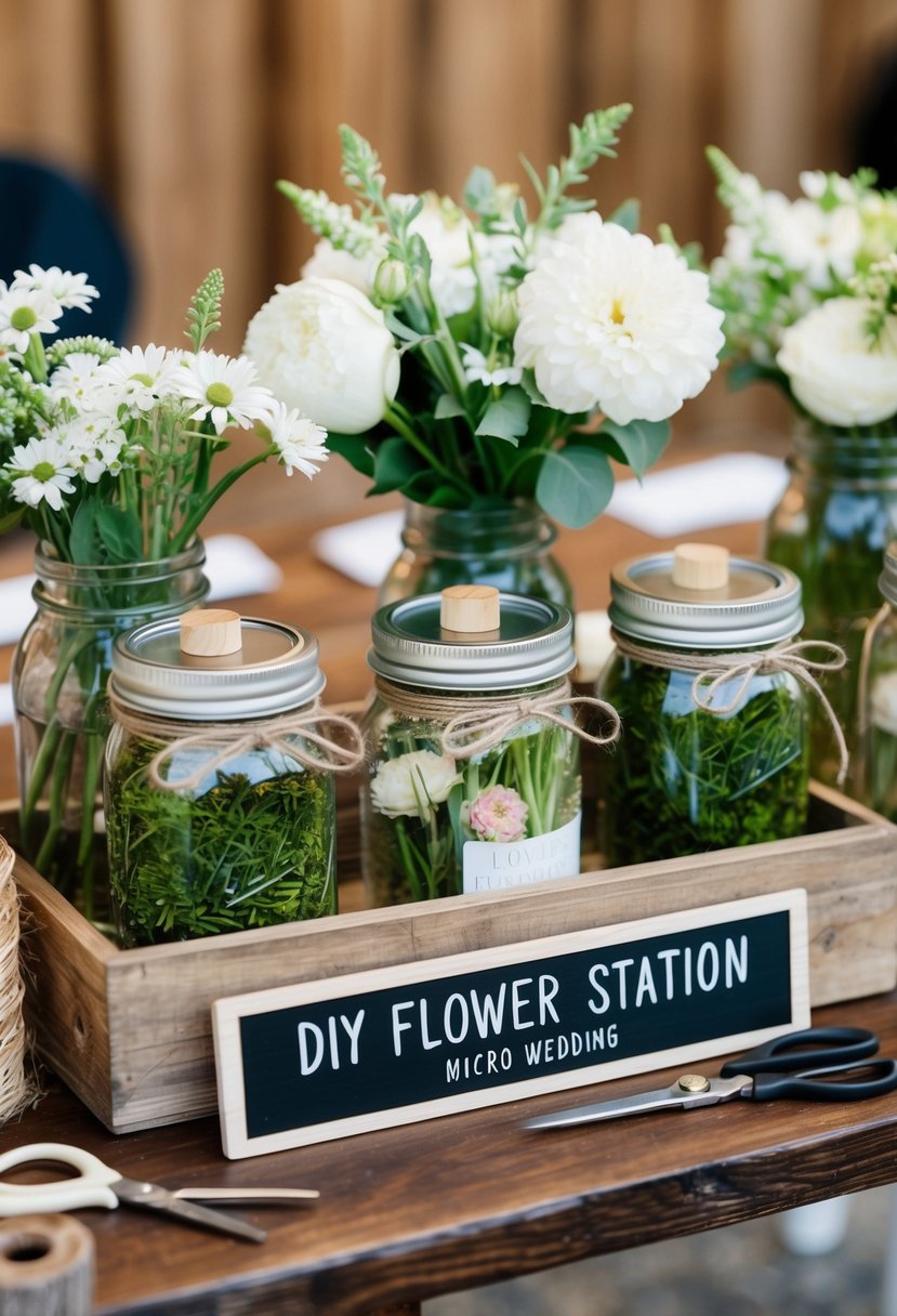 A wooden table adorned with jars of fresh flowers, scissors, and twine. A sign reads "DIY Flower Station" at a micro wedding