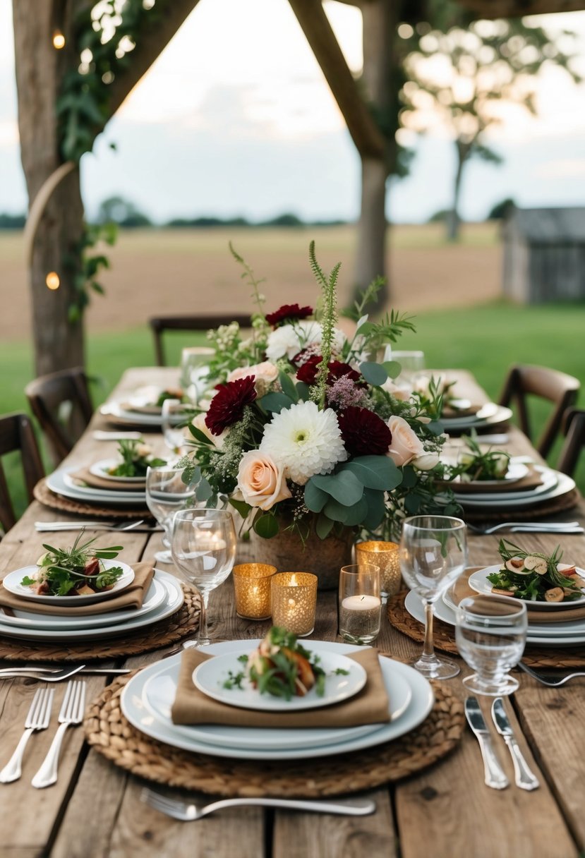 A rustic farm table adorned with locally-sourced gourmet dishes and floral centerpieces, set for an intimate wedding celebration