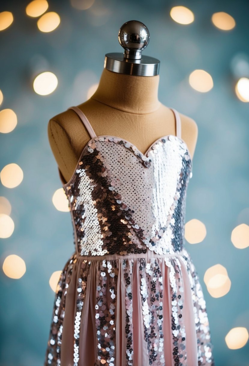 A sparkly sequin heart cutout dress on a child mannequin