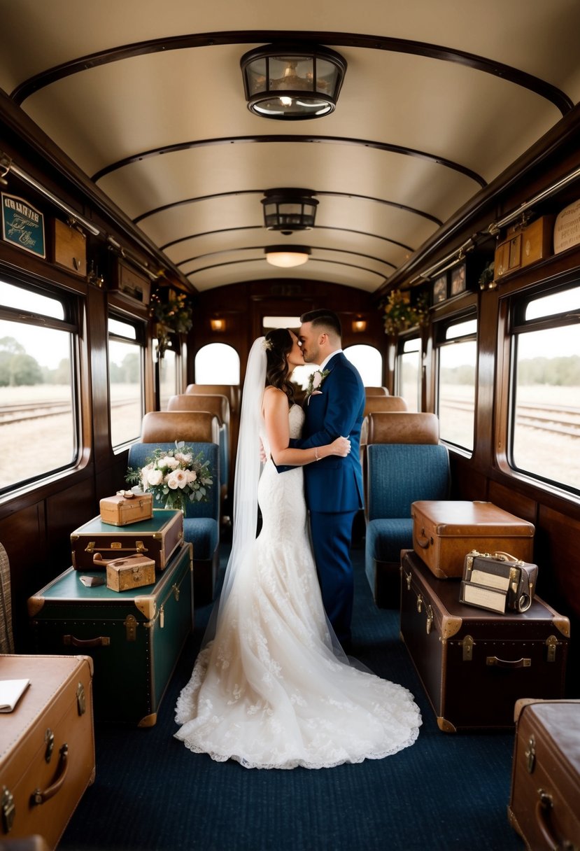 An intimate wedding ceremony in a vintage train car, surrounded by antique suitcases and old-fashioned travel memorabilia