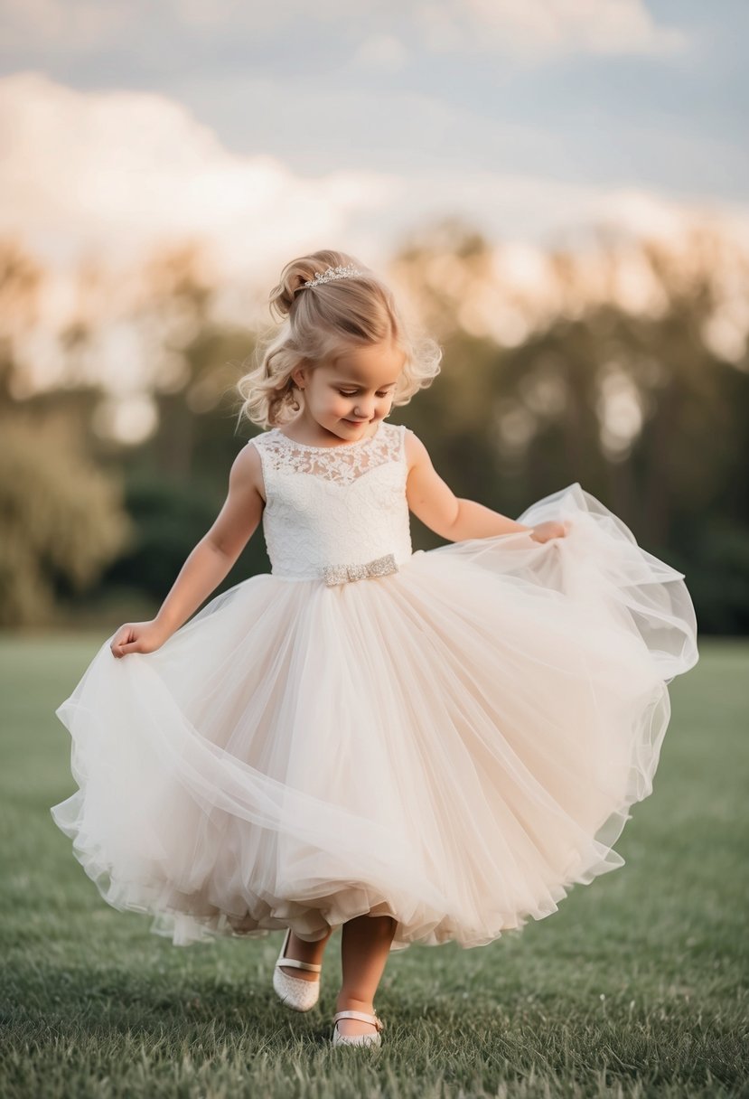 A young child, aged 7 or 8, twirls in a delicate lace and tulle wedding dress, the fabric billowing around them as they play