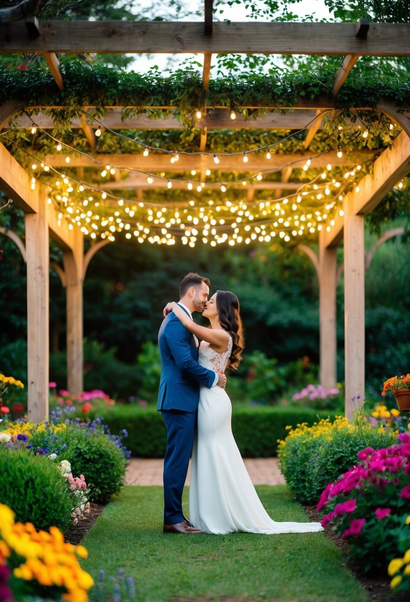 A couple stands in a lush garden, surrounded by colorful flowers and twinkling lights, as they share a romantic embrace under a canopy of greenery