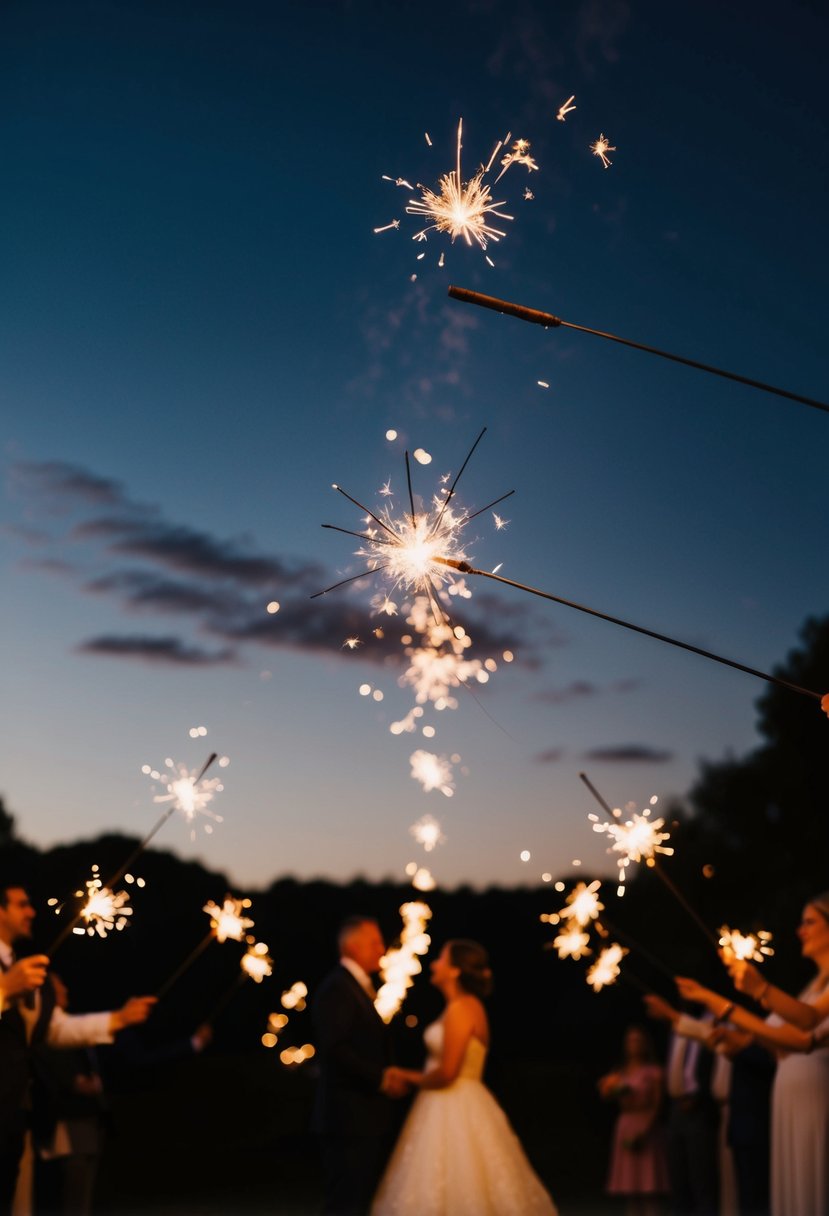 A dark sky illuminated by a glowing sparkler send-off at a small wedding