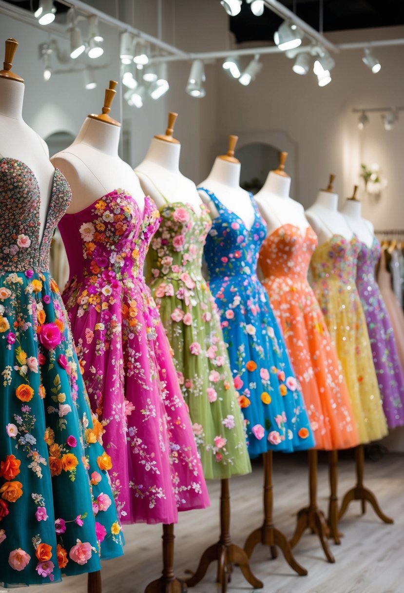 A group of colorful floral embellished dresses displayed on mannequins in a boutique, with soft lighting and a whimsical, fairy-tale atmosphere