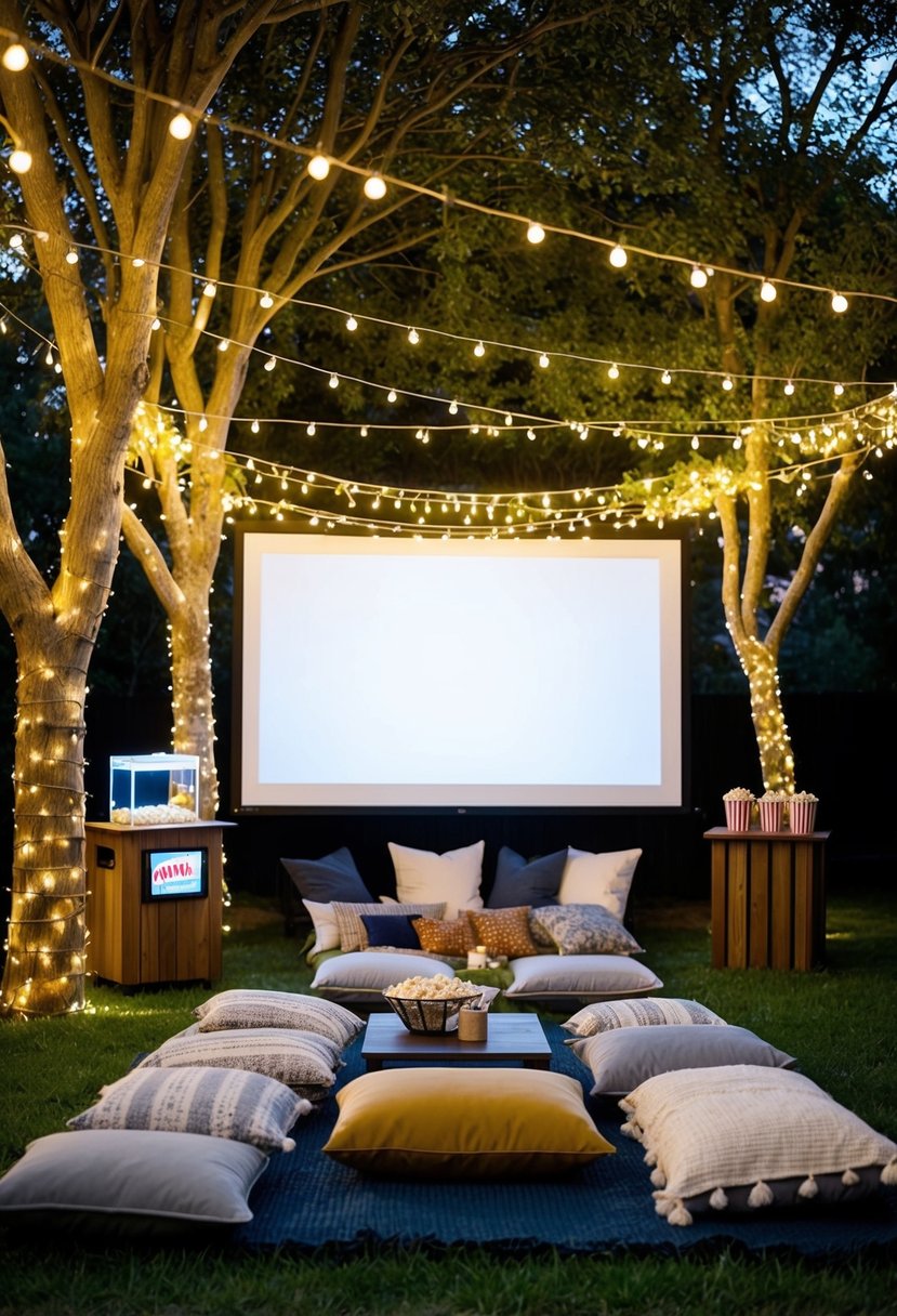 An outdoor movie reception: fairy lights strung in trees, a cozy seating area with blankets and pillows, a projector screen, and a popcorn and snack bar