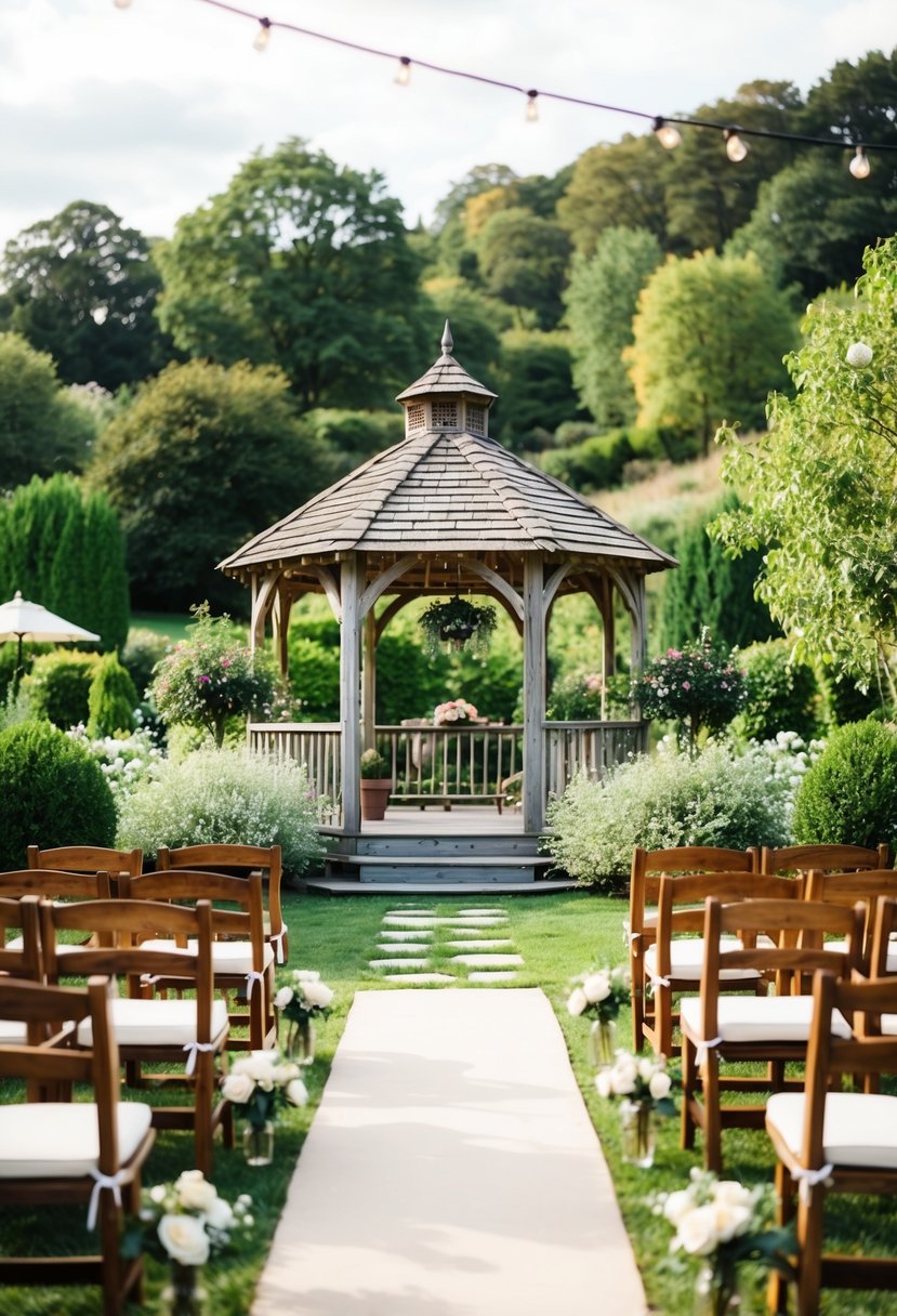 A cozy bed-and-breakfast with a picturesque garden, rustic wooden gazebo, and intimate outdoor seating for a small wedding ceremony