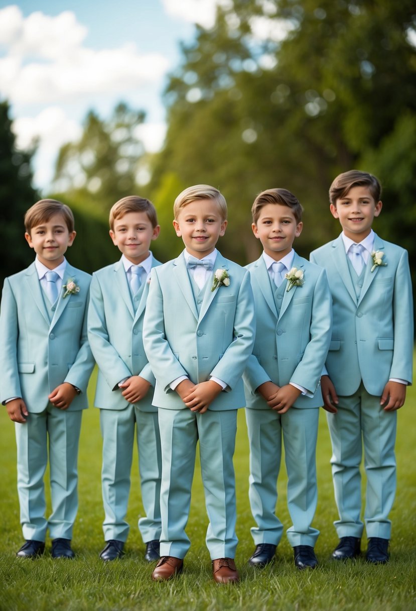 A group of kids, aged 7 and 8, wearing elegant mini suits for a wedding