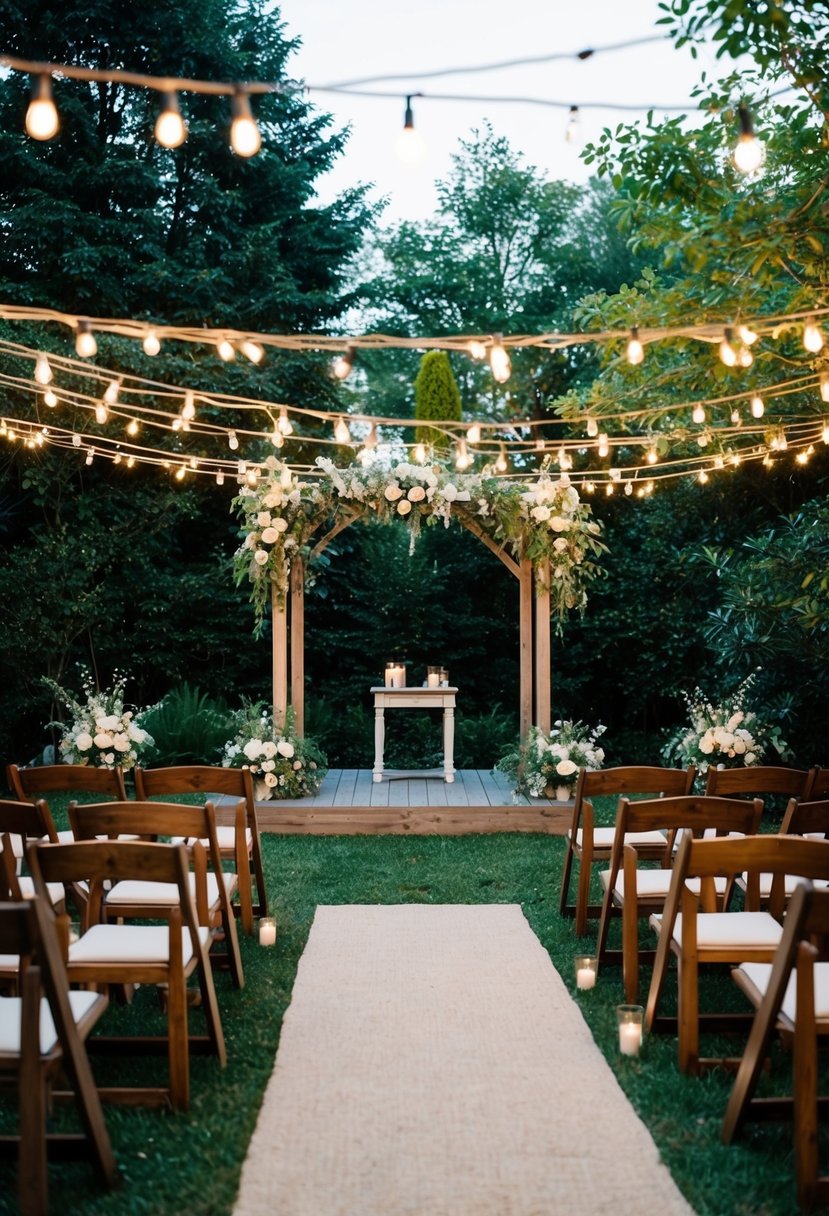 A cozy outdoor garden with twinkling lights, a small stage, and a simple altar for a surprise performance micro wedding