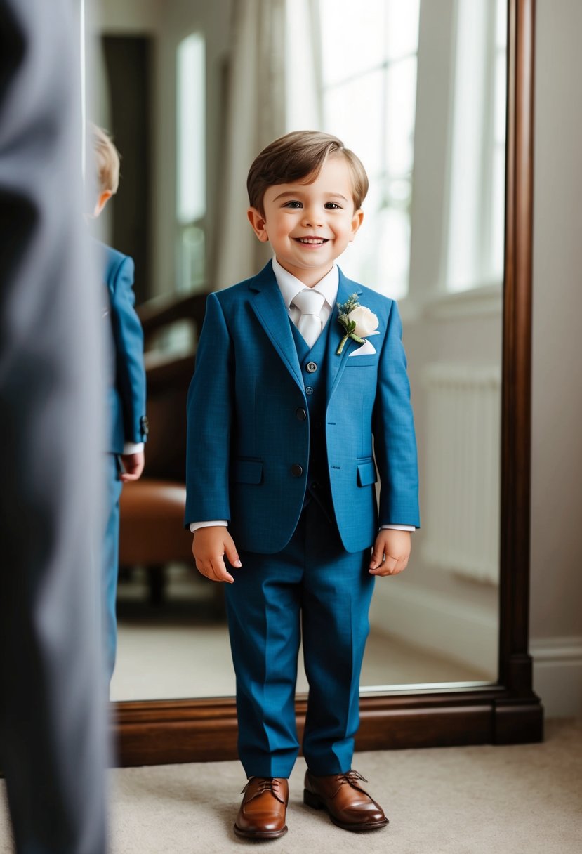 A young child in a tailored three-piece suit, standing in front of a mirror with a big smile, ready for a wedding