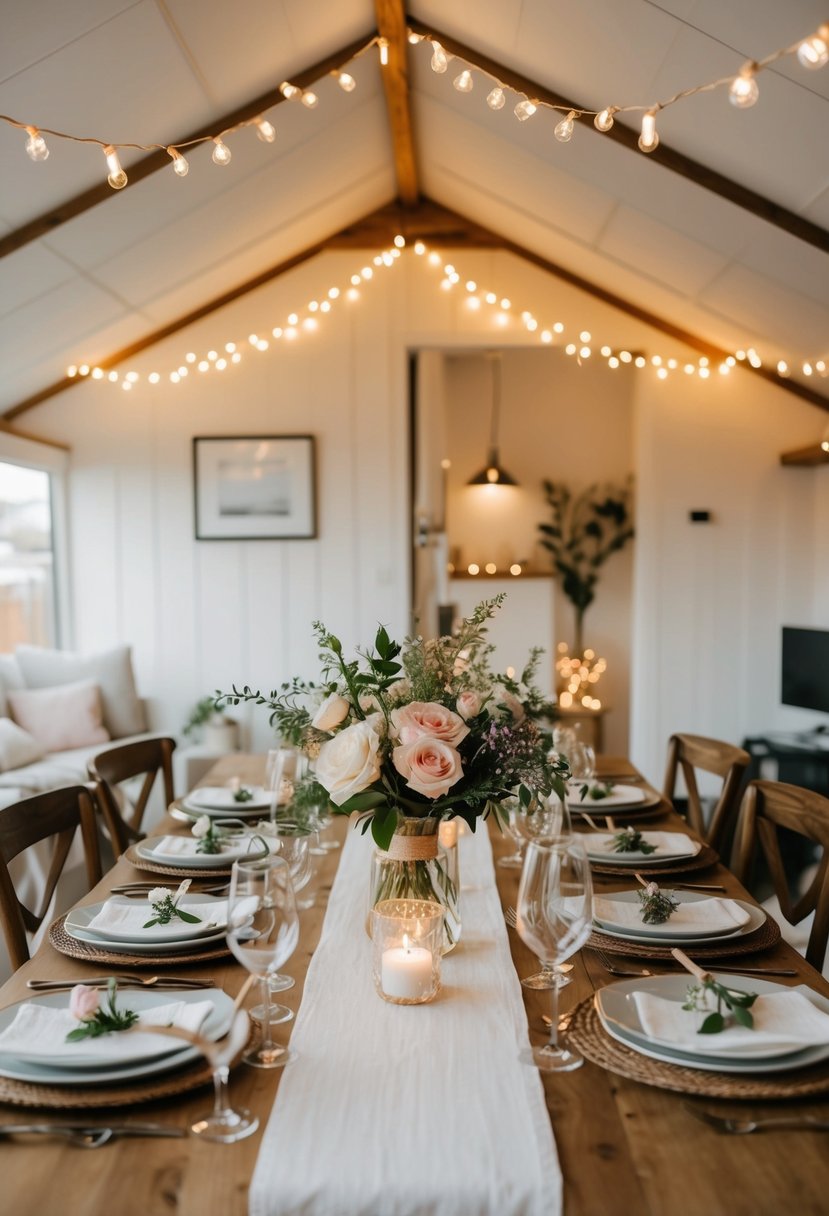 A cozy Airbnb decorated with fairy lights, flowers, and elegant table settings for a romantic micro wedding