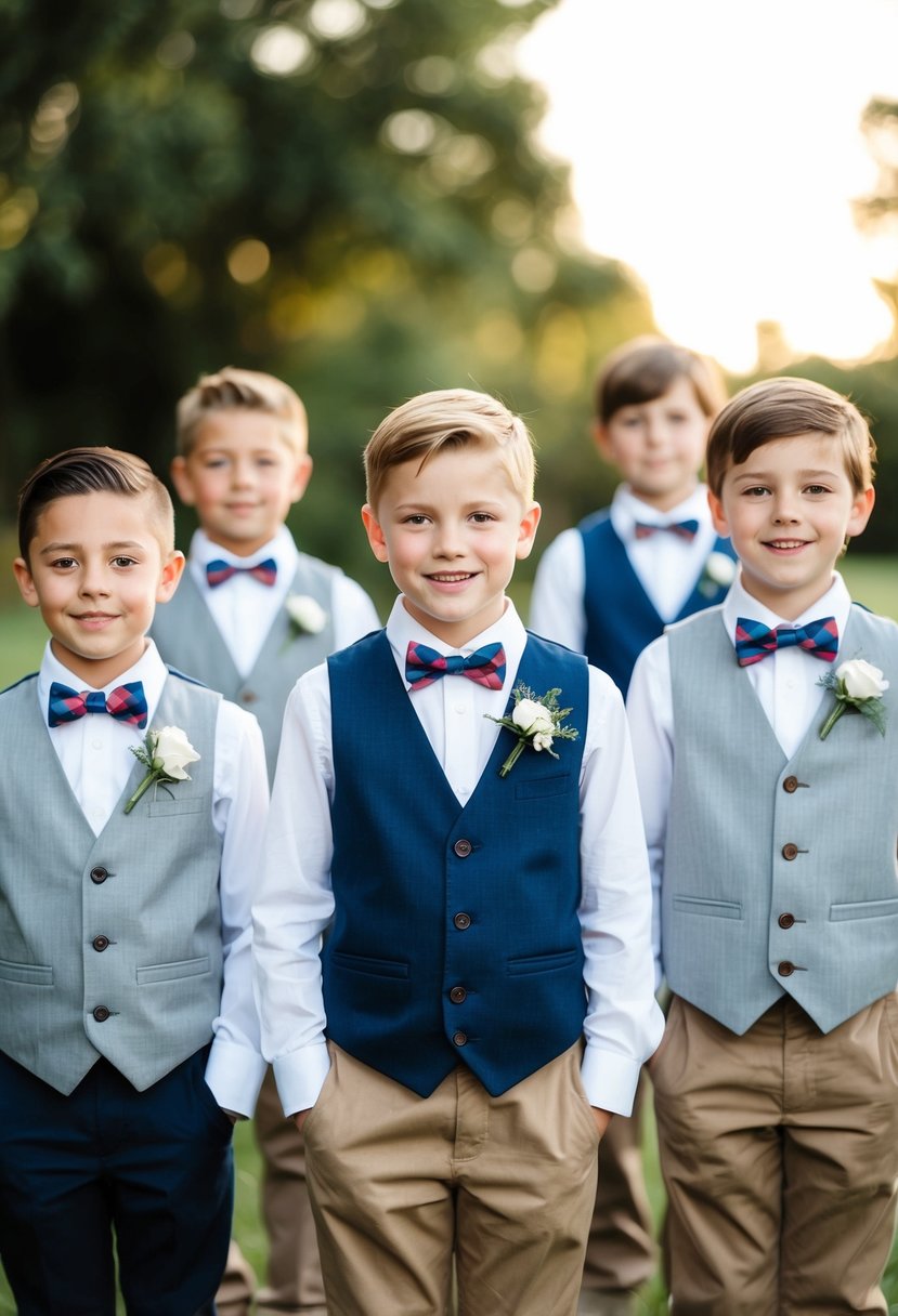 A group of children, aged 7 and 8, are dressed in adorable bow-ties and vests, standing in a row for a wedding