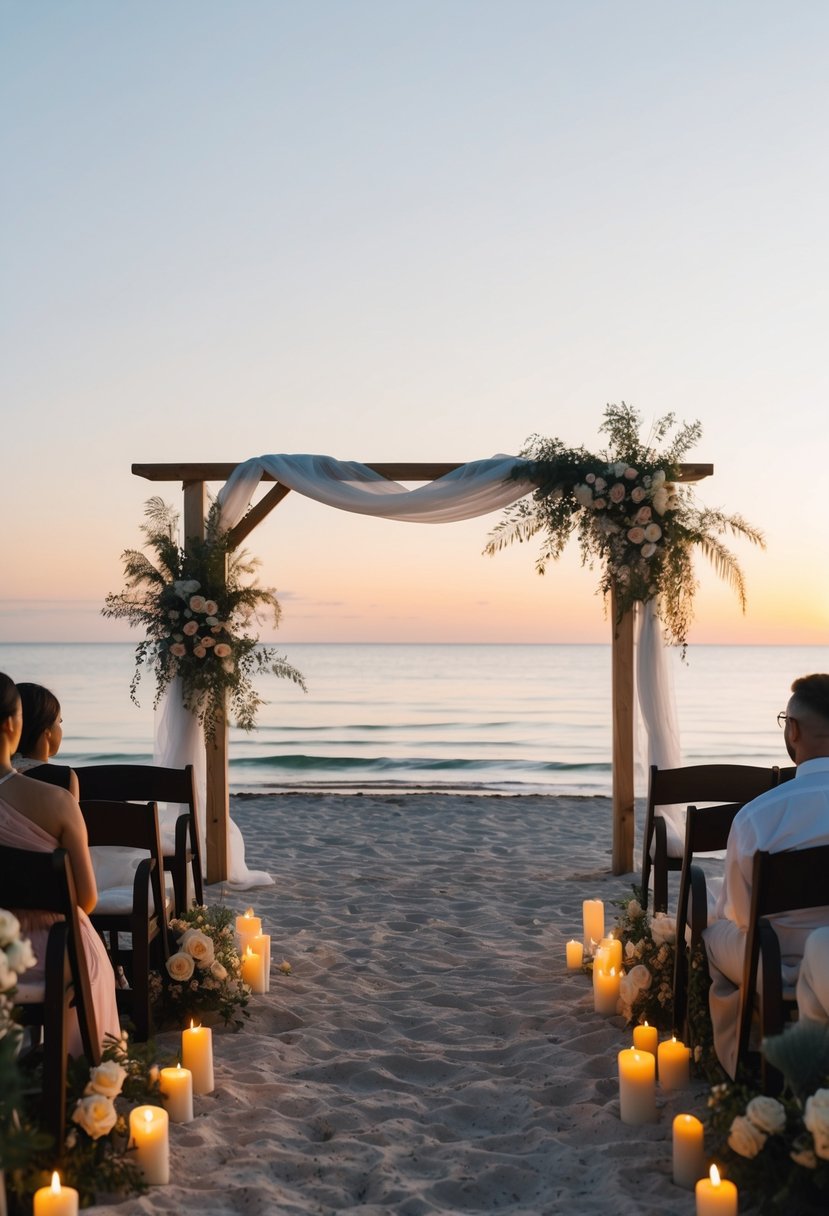 A serene beach with a simple wooden altar and billowing white fabric, surrounded by flickering candles and delicate floral arrangements. The sun sets over the calm ocean, casting a warm glow over the intimate ceremony