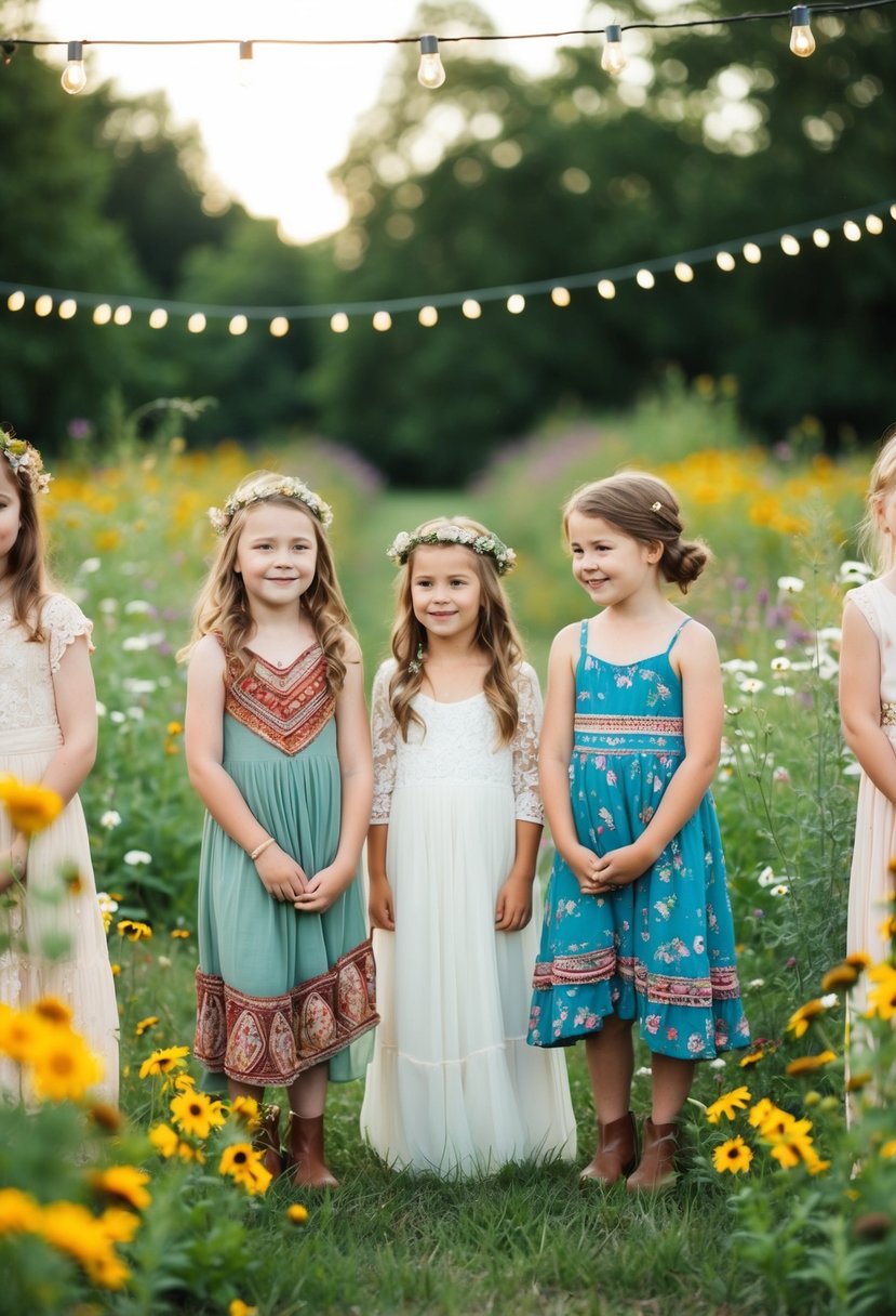 A whimsical outdoor wedding with children wearing bohemian-style dresses, surrounded by wildflowers and fairy lights