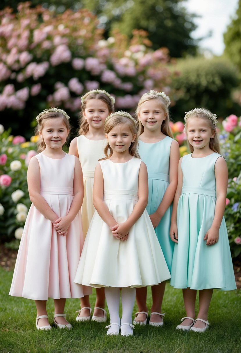 A group of young children, aged 7 and 8, wearing pastel-colored wedding dresses, standing in a garden surrounded by blooming flowers