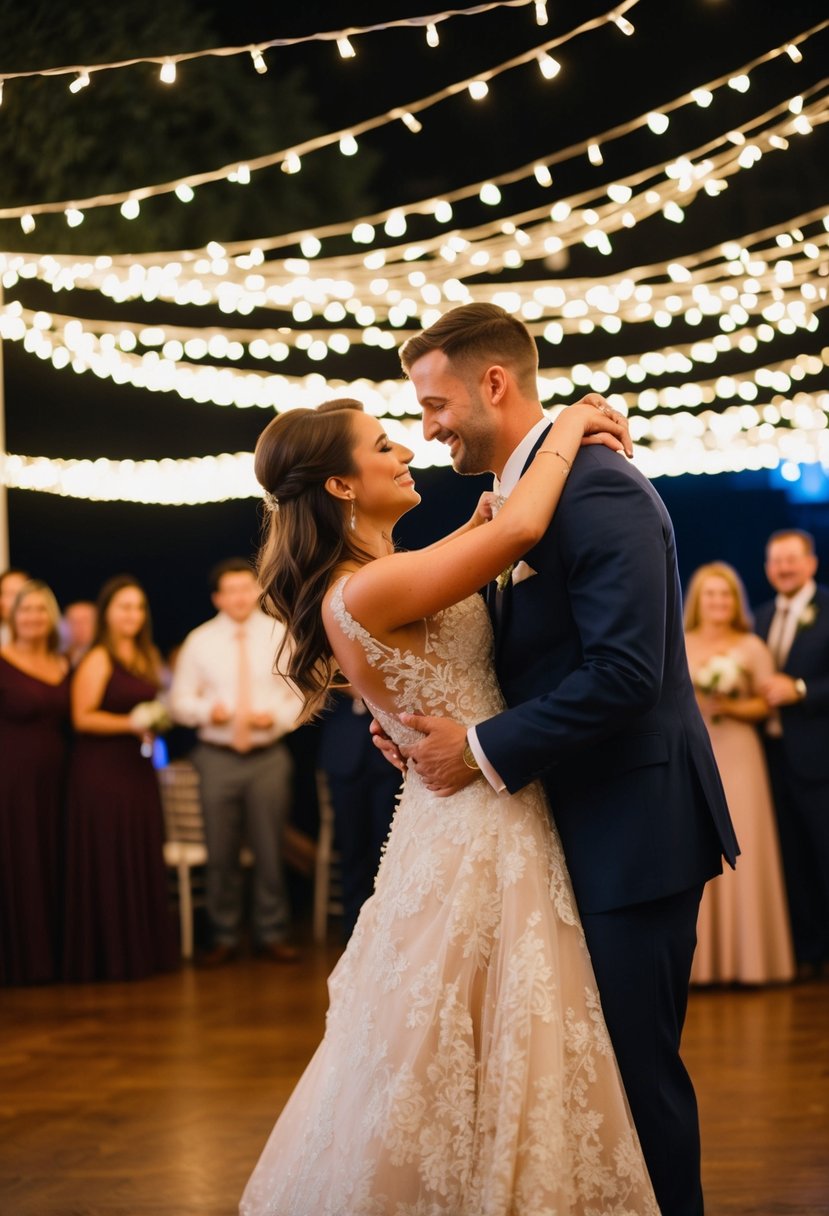 A couple dances under twinkling lights to their customized wedding playlist