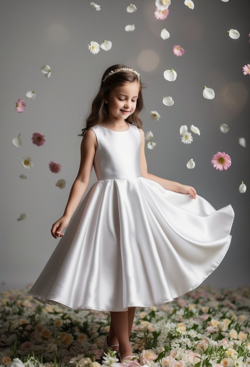 A young girl twirls in a satin A-line dress, surrounded by flower petals and soft lighting