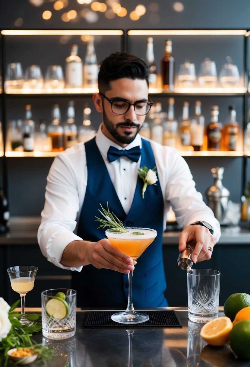 A mixologist creates a custom cocktail at an intimate wedding, surrounded by elegant glassware and fresh ingredients on a sleek bar counter