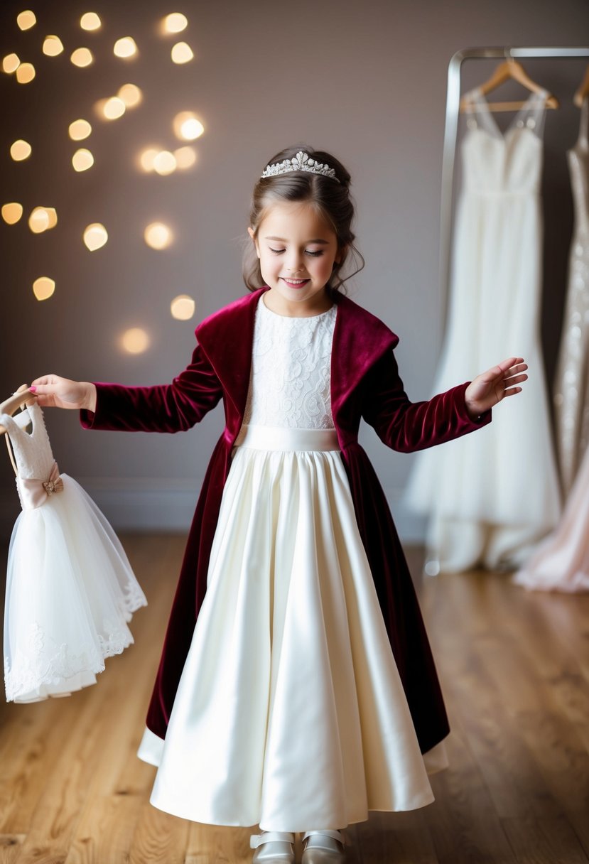 A young girl, aged 7 or 8, twirls in a velvet dress coat, imagining herself as a bride. She looks at wedding dress ideas with excitement