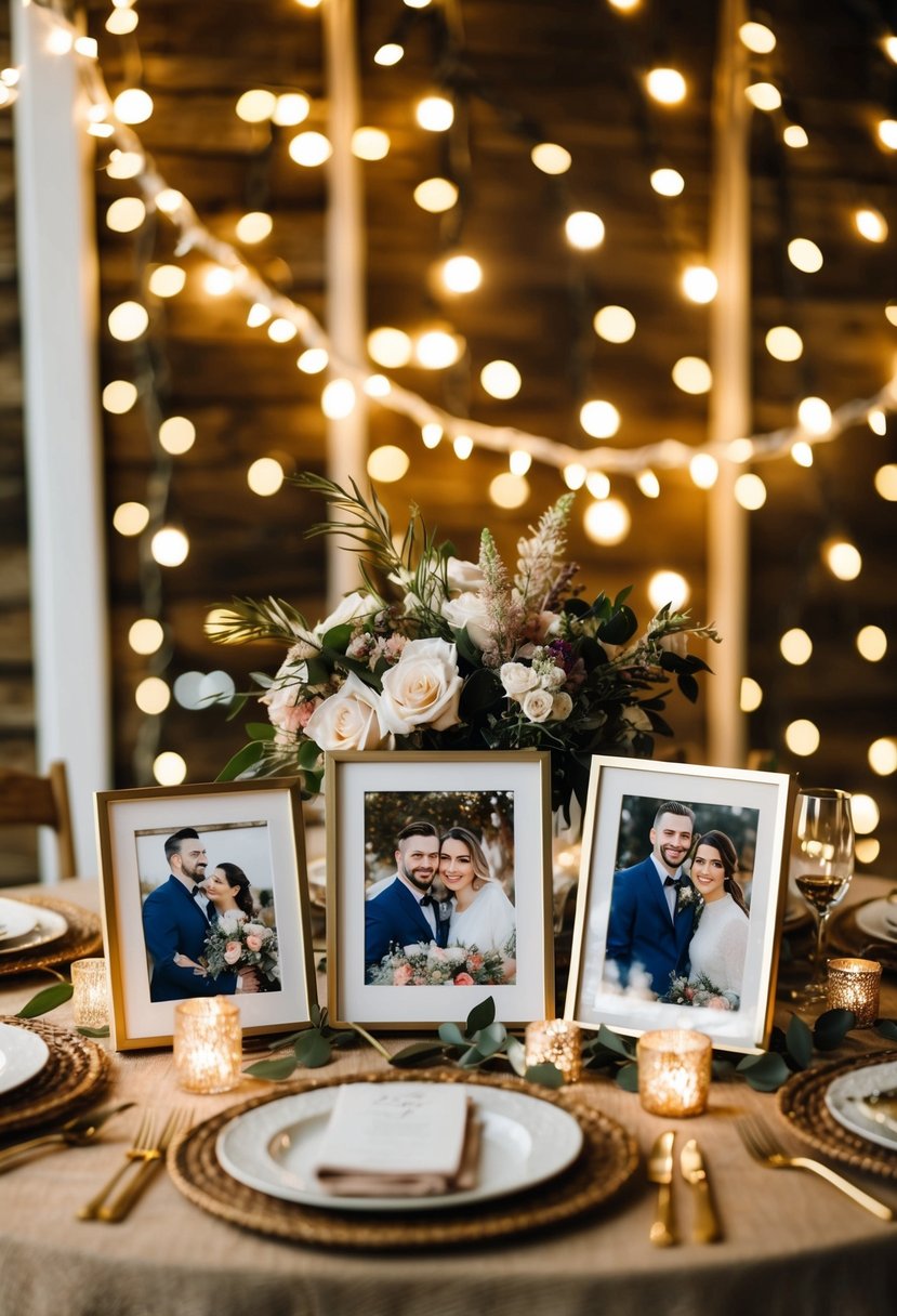 A cozy table set with framed photos of the couple's cherished memories, surrounded by twinkling lights and floral arrangements