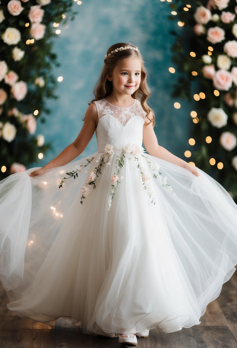 A young girl twirls in a flowy, white wedding dress with delicate lace and floral details, set against a backdrop of blooming roses and twinkling lights