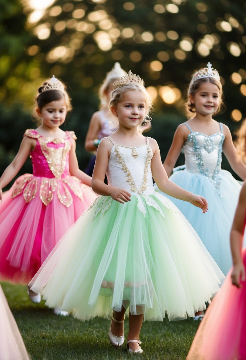 A group of young girls twirl in princess-style tutu dresses, each dress featuring unique details fit for a royal wedding