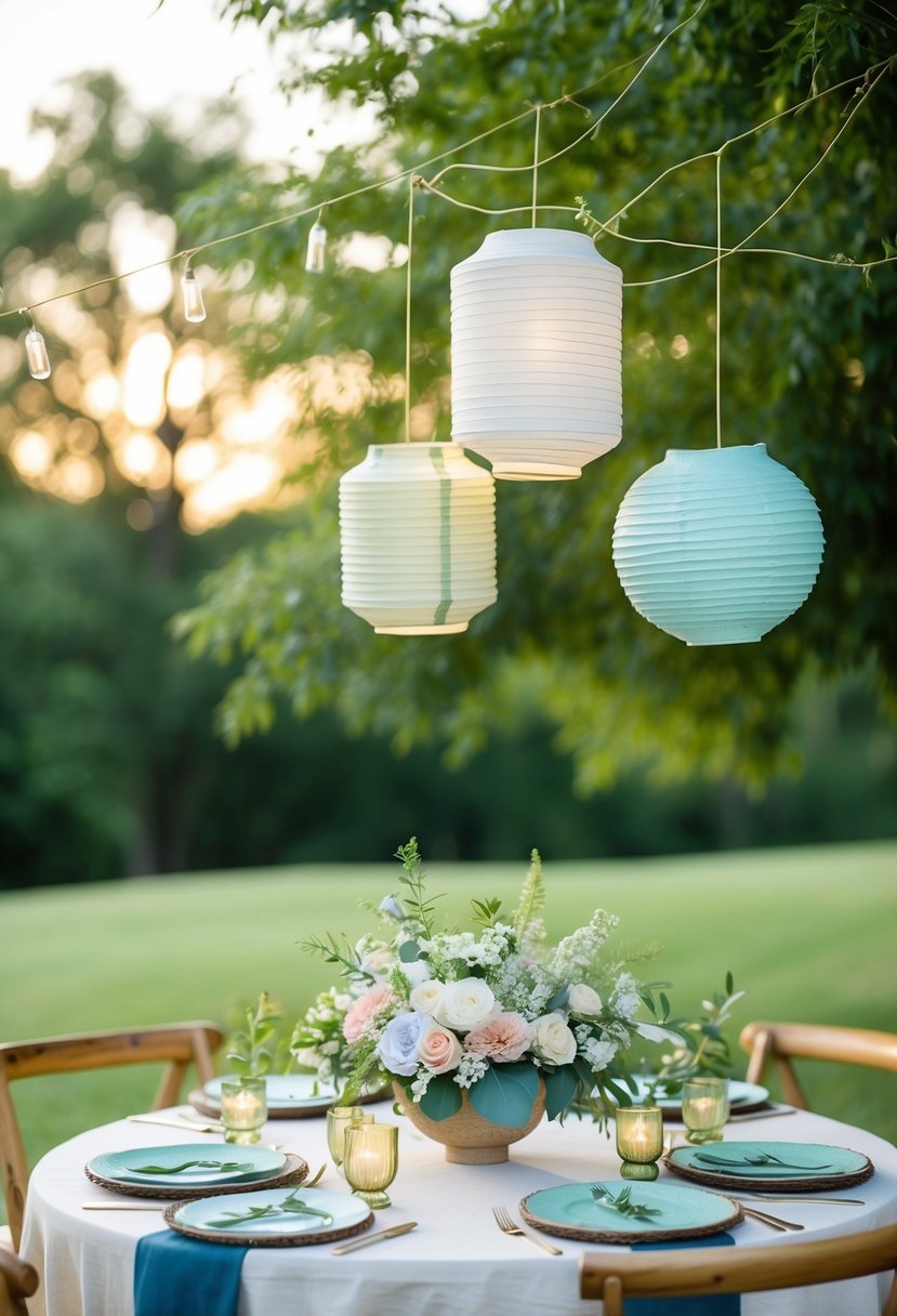 A serene outdoor wedding setting with biodegradable flower arrangements, recycled paper lanterns, and sustainable bamboo tableware