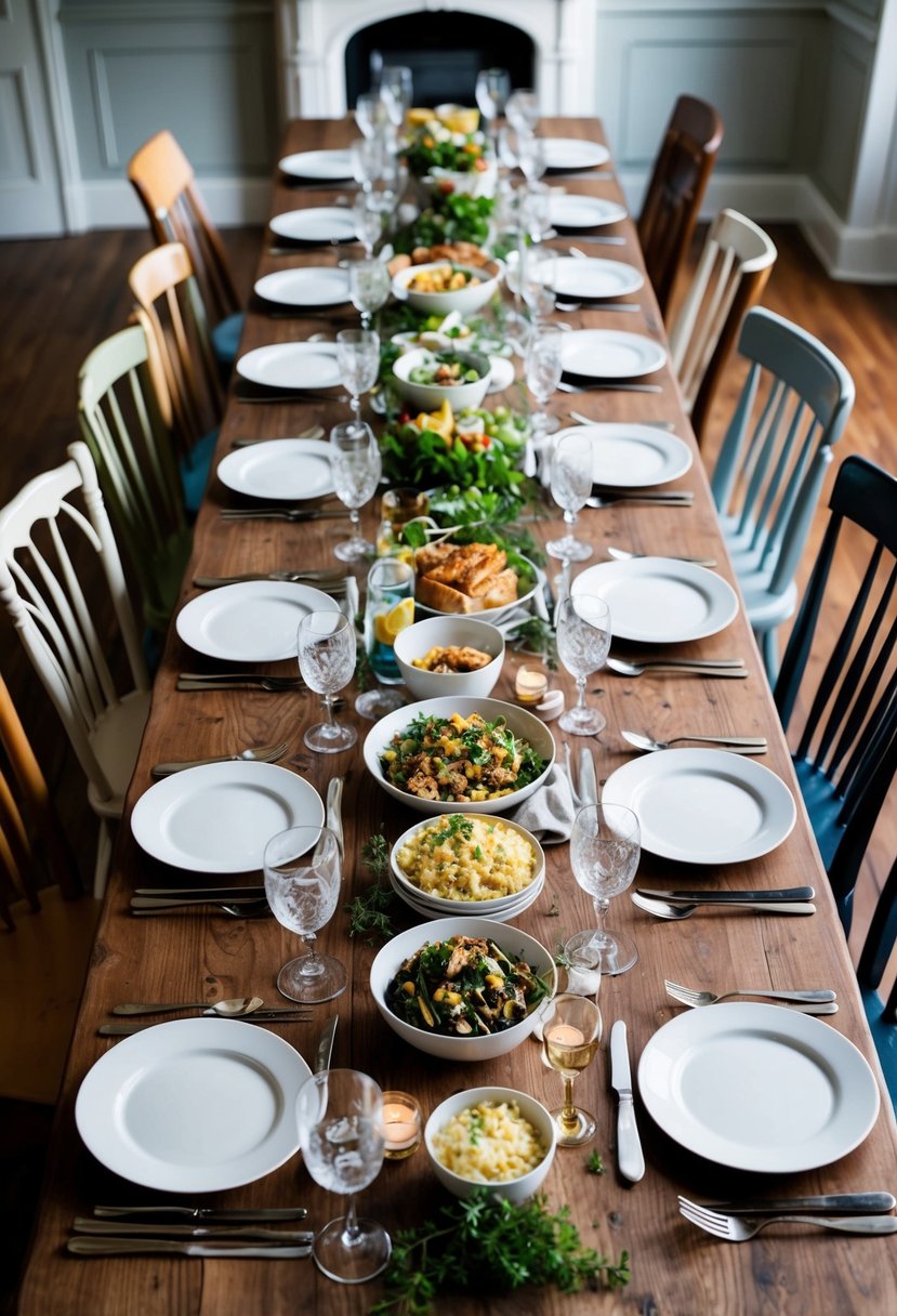 A long wooden table set with elegant place settings, surrounded by mismatched chairs. A spread of delicious food and drink fills the center, ready for a family-style dinner