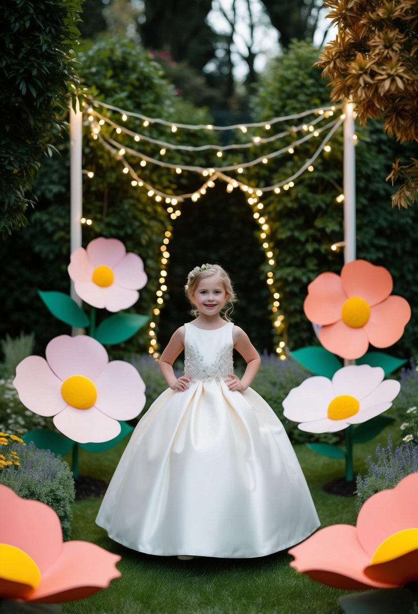 A magical garden with oversized flowers and twinkling fairy lights, showcasing whimsical wedding dress designs for kids aged 7-8